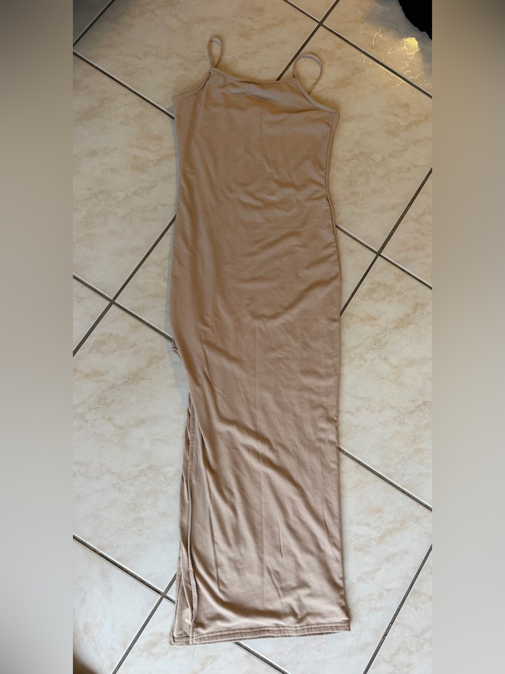Minimalist Beige Maxi Slip Skirt with Side Slit